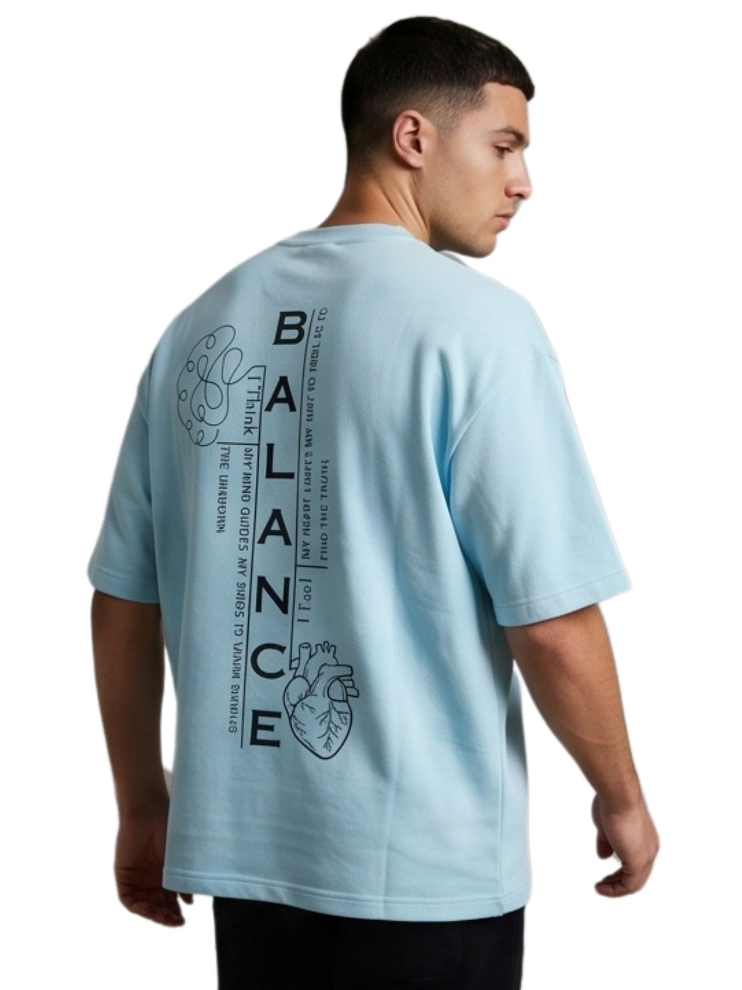Dunbond label Beige and pastel blue Oversized T-Shirt// Typography BALANCED between Mind and Heart