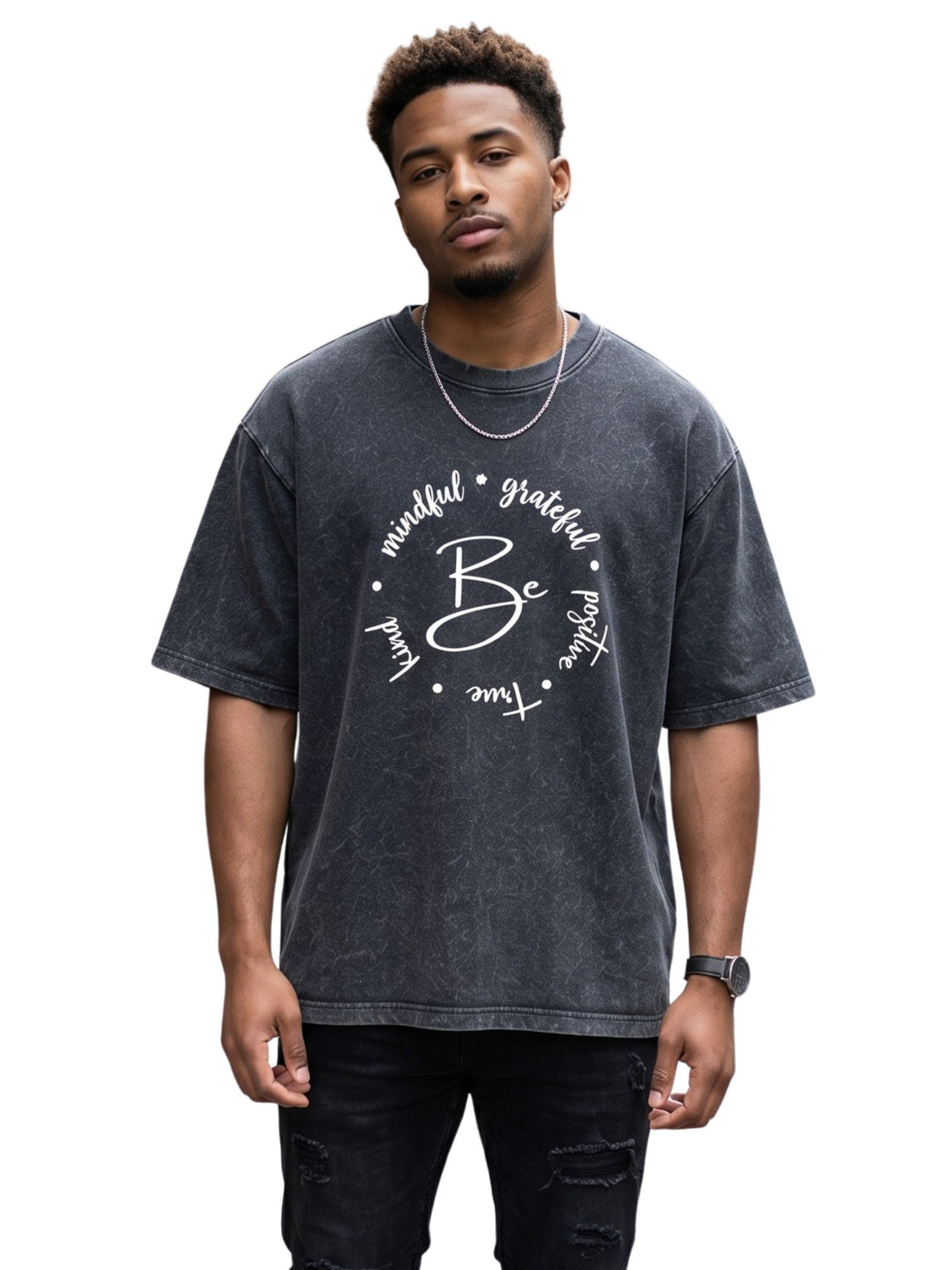 Dunbond Label "Be Mindful" Graphic Acid Washed Oversized T-Shirt for Men