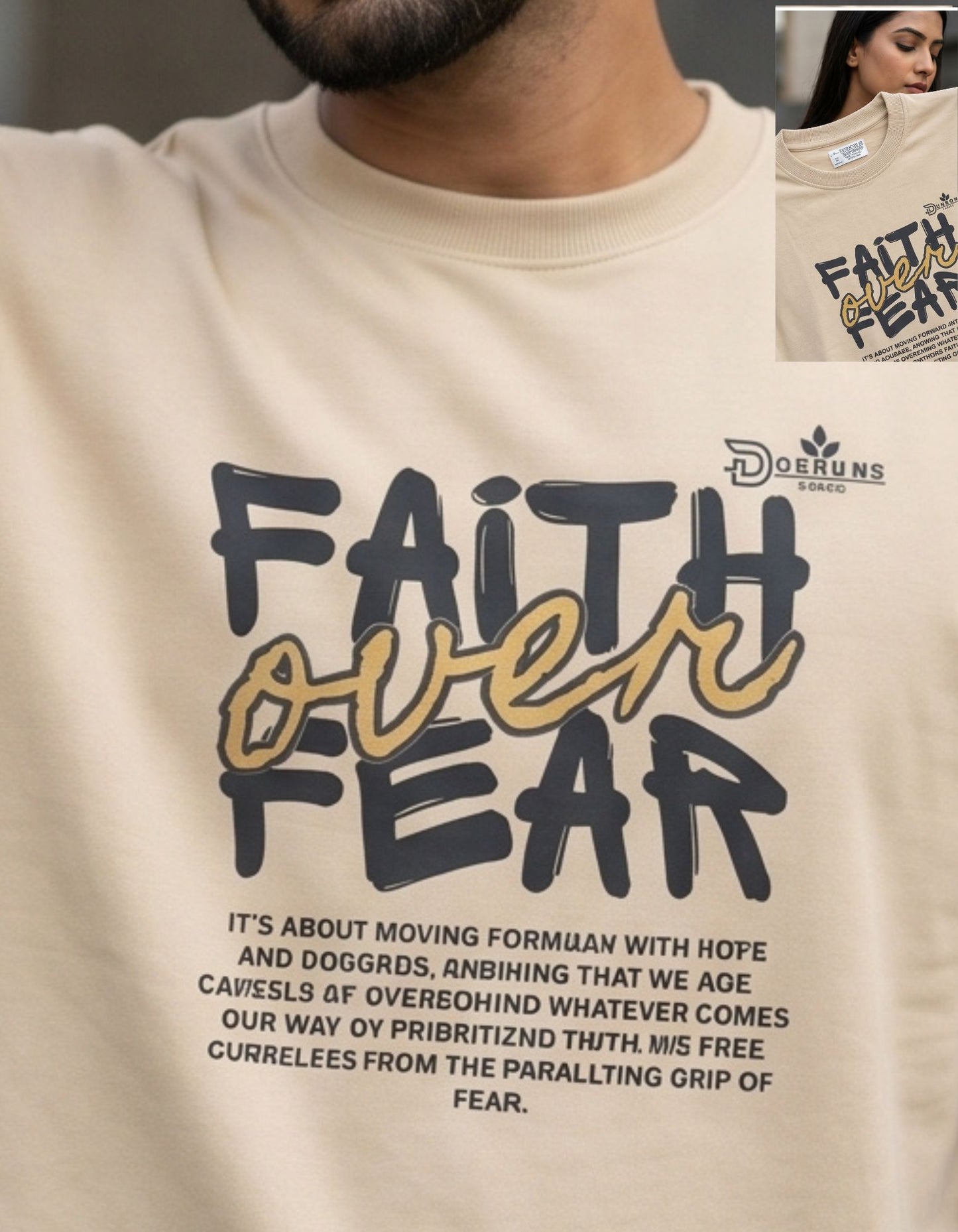 Dunbond label Black and white Oversize T-Shirt // Faith over Fear typography