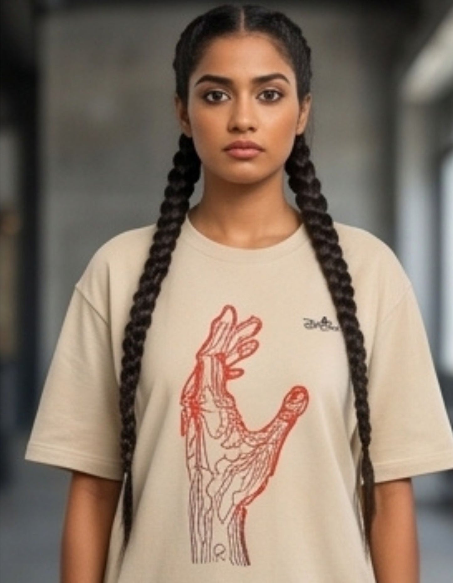 Dunbond label White Oversize T-Shirt// Front hand graphic