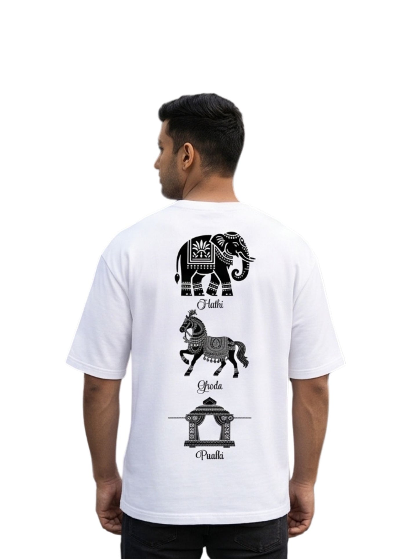 Dunbond label White Oversize T-Shirt // Hathi, Ghoda and palki