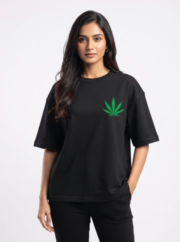 DUNBOND LABEL Leaf Emblem Oversized Graphic T-Shirt  Premium 240 GSM Cotton  For Womens Streetwear
