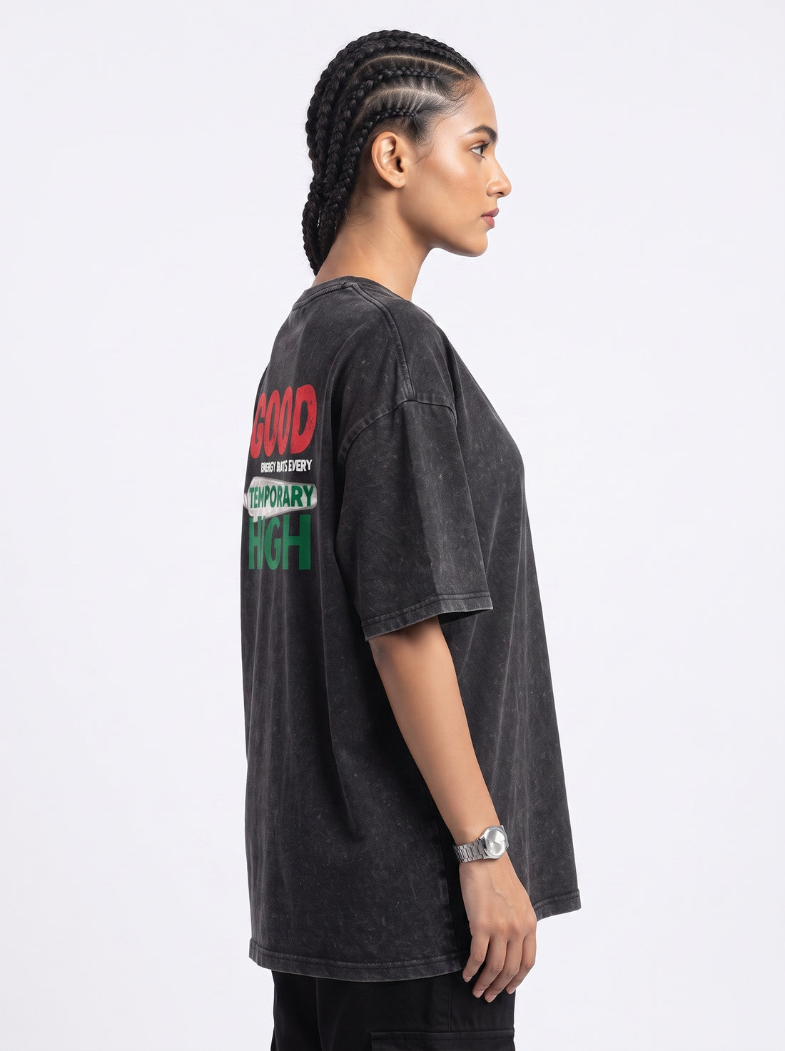 Good Energy Beats Every Temporary High Black Acid Wash Oversized Graphic T-Shirt