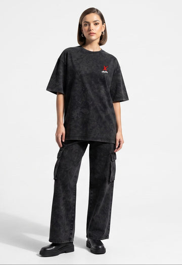 D'unbond Label Black Acid Washed Bad Intentions Graphic Back Print Oversized Tee for Unisex