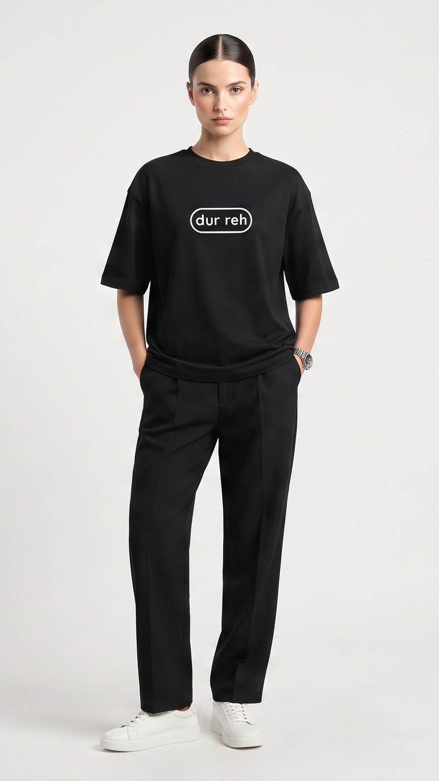 D'unbond Label Dur Reh Graphic Printed Oversized Tee for Women– Jet Black