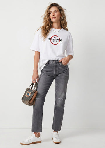 D'unbond Label White Aham Brahmasmi Calligraphy Graphic Oversized Tee for Women