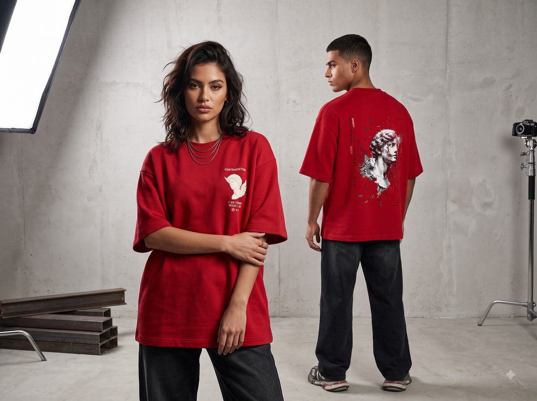 DUNBOND LABEL Contradiction Oversized Graphic T-Shirt for men  Premium Cotton Streetwear  Crimson