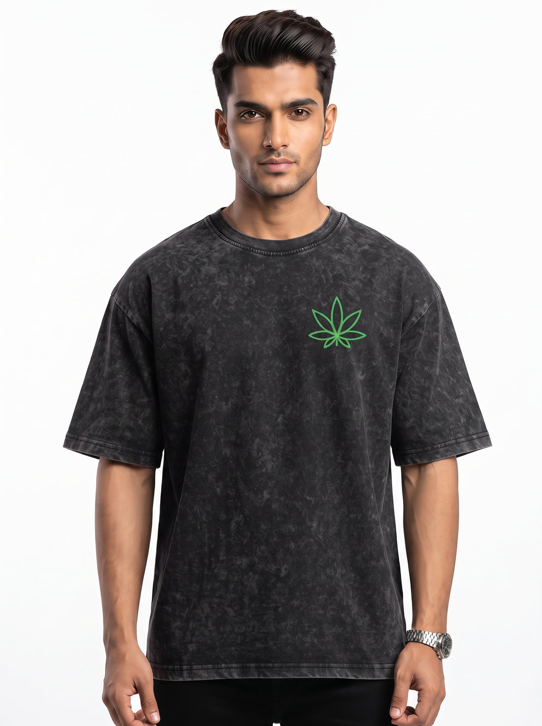 Good Energy Beats Every Temporary High Black Acid Wash Oversized Graphic T-Shirt for Men