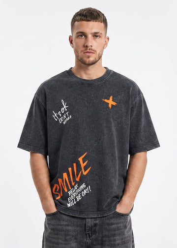 Dunbond Label Smile Typography Graphic Acid washed Oversized T-Shirt for Unisex
