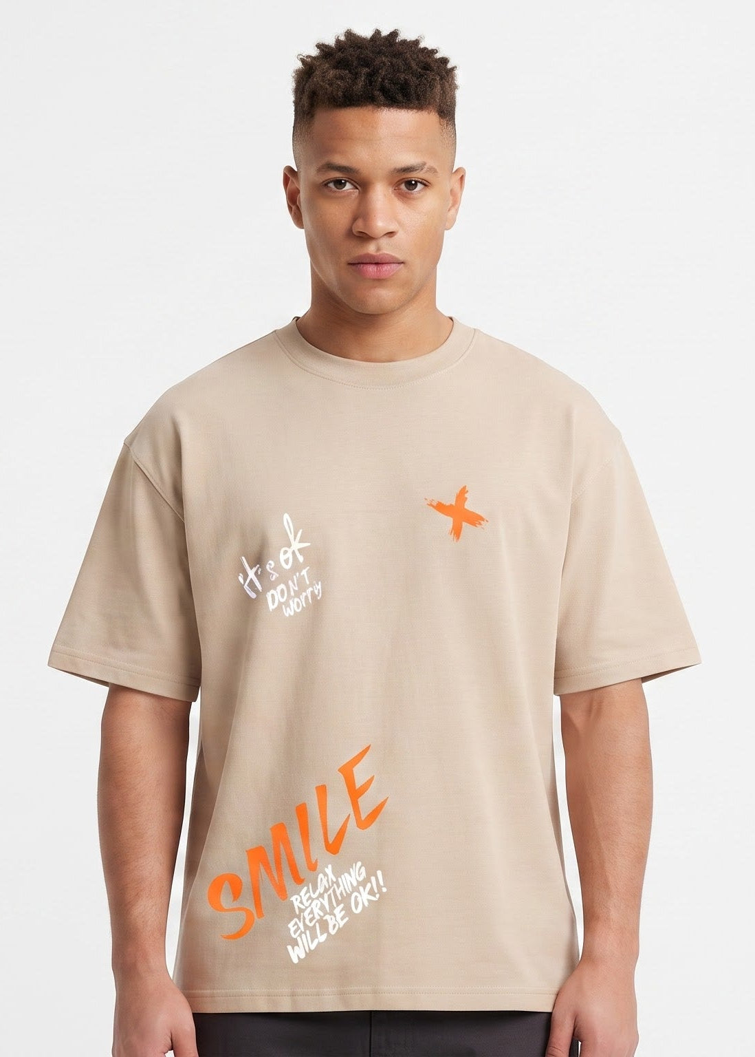 Dunbond Label Smile Typography Graphic Oversized T-Shirt for Men