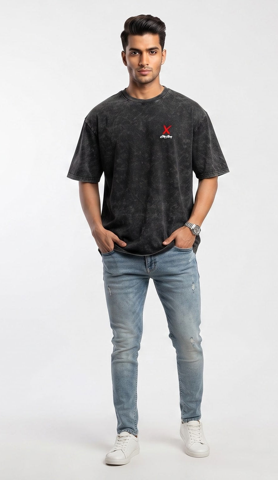 D'unbond Label Black Acid Washed Bad Intentions Graphic Back Print Oversized Tee for Unisex
