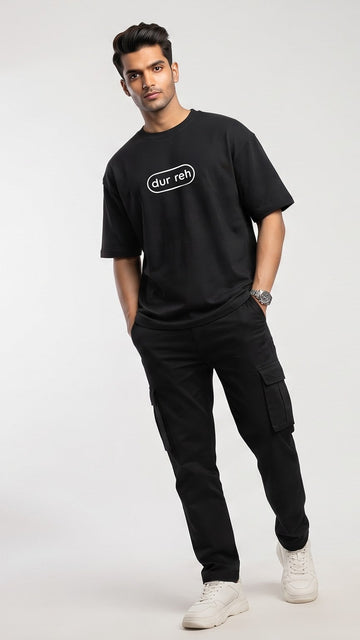 D'unbond Label Dur Reh Graphic Printed Oversized Tee for Men – Jet Black and Red (Copy)