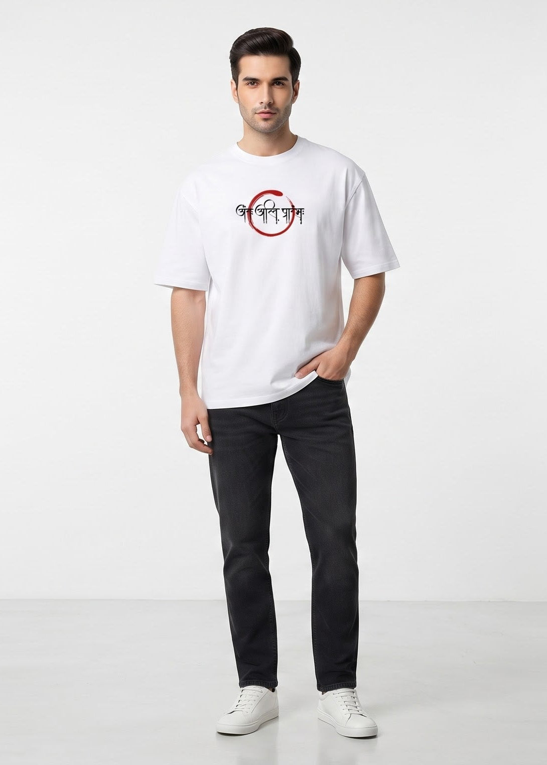 D'unbond Label White Aham Brahmasmi Calligraphy Graphic Oversized Tee for Men