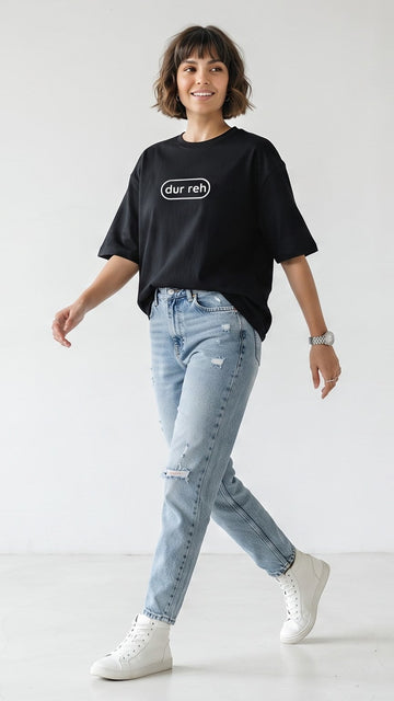 D'unbond Label Dur Reh Graphic Printed Oversized Tee for Women– Jet Black