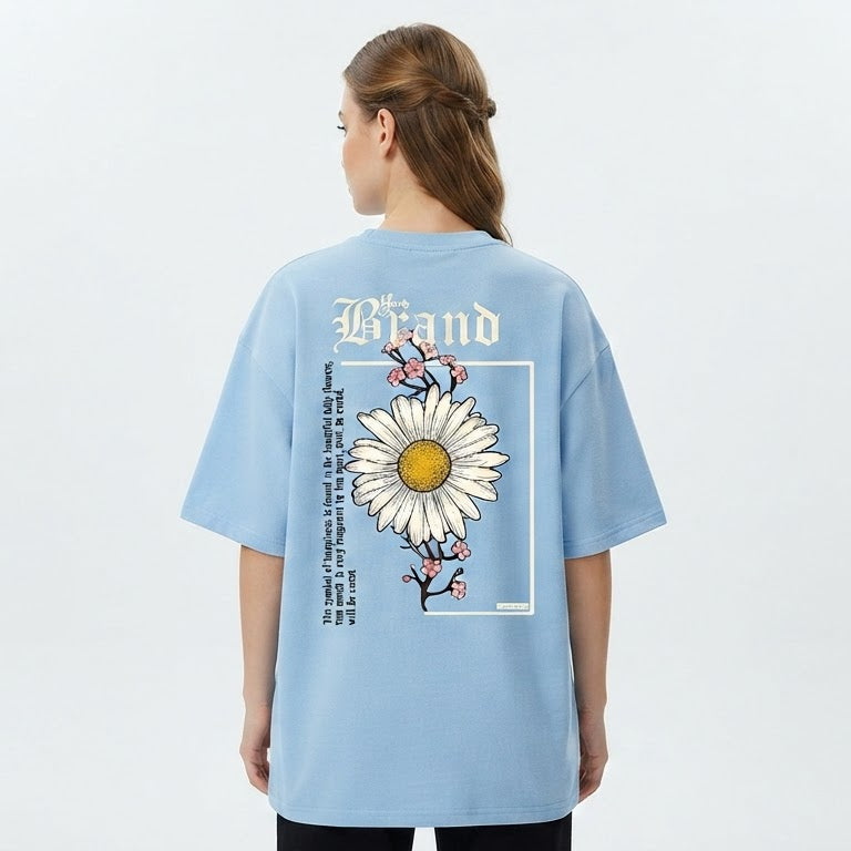 Bloom Bliss Red/Sky Blue Oversized Graphic T-Shirt for Women – Premium Cotton